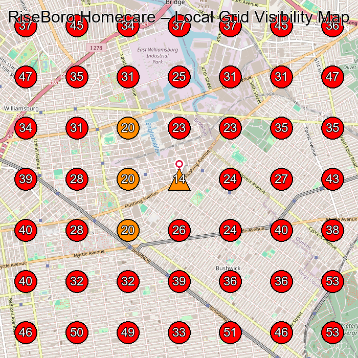 RiseBoro Homecare GeoGrid visibility map for Home Health Care Service in Brooklyn